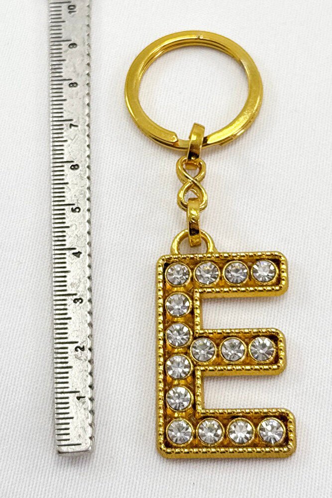 Gold Renkli Parlak Taşlı E Harfi Anahtarlık, Hediyelik Harfli Anahtarlık