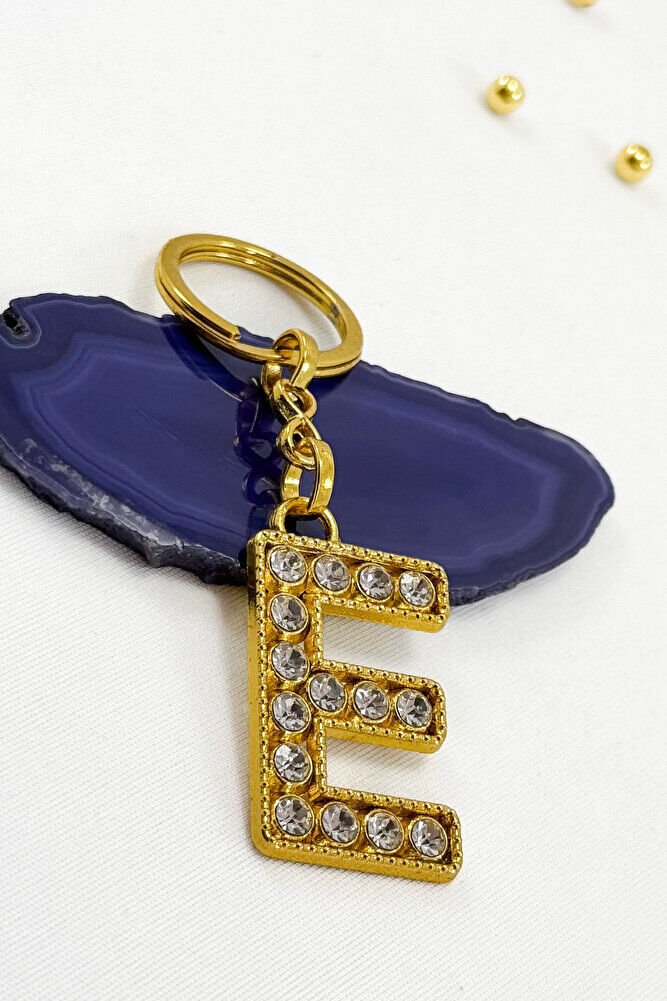 Gold Renkli Parlak Taşlı E Harfi Anahtarlık, Hediyelik Harfli Anahtarlık