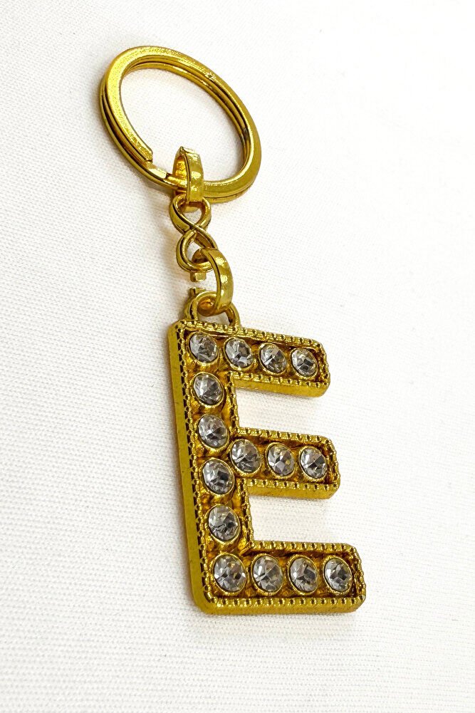 Gold Renkli Parlak Taşlı E Harfi Anahtarlık, Hediyelik Harfli Anahtarlık