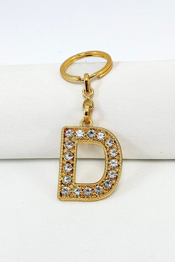 Gold Color Shiny Stone Letter D Keychain, Gift Letter Keychain