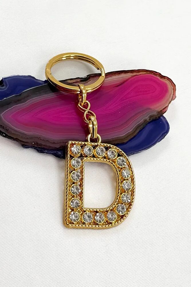 Gold Color Shiny Stone Letter D Keychain, Gift Letter Keychain