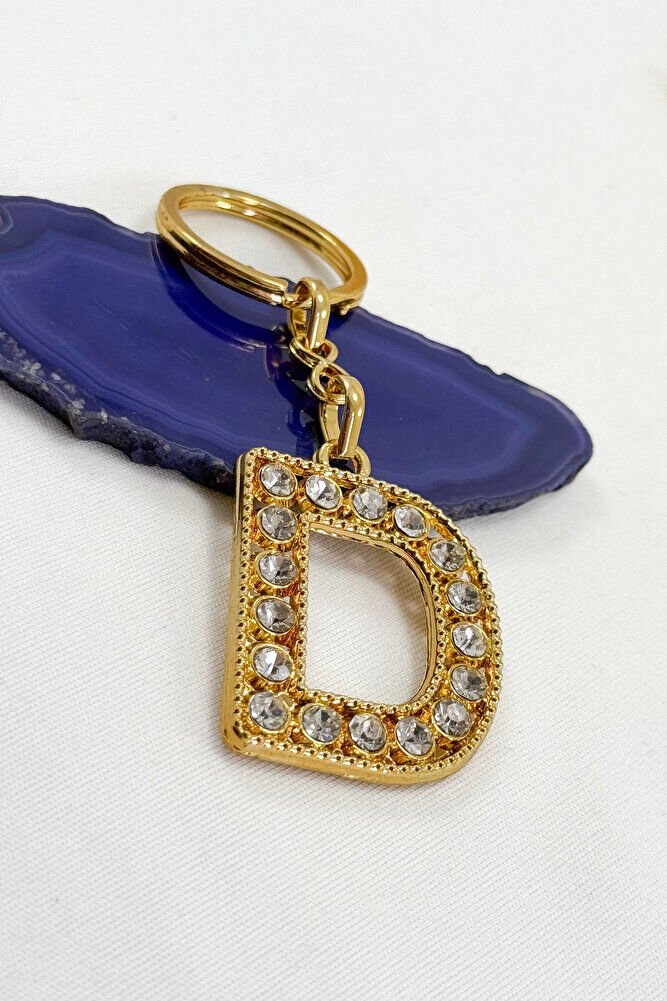Gold Color Shiny Stone Letter D Keychain, Gift Letter Keychain
