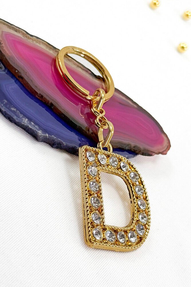 Gold Color Shiny Stone Letter D Keychain, Gift Letter Keychain