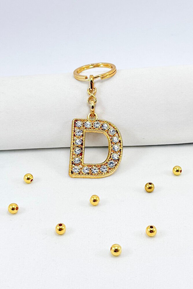 Gold Color Shiny Stone Letter D Keychain, Gift Letter Keychain