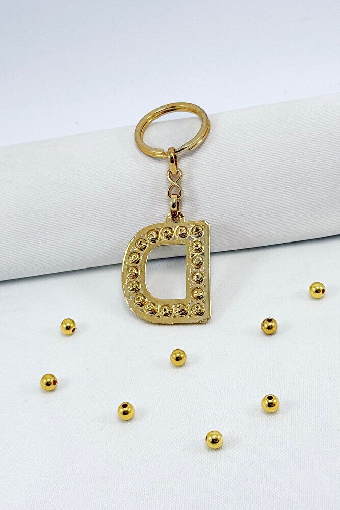 Gold Color Shiny Stone Letter D Keychain, Gift Letter Keychain