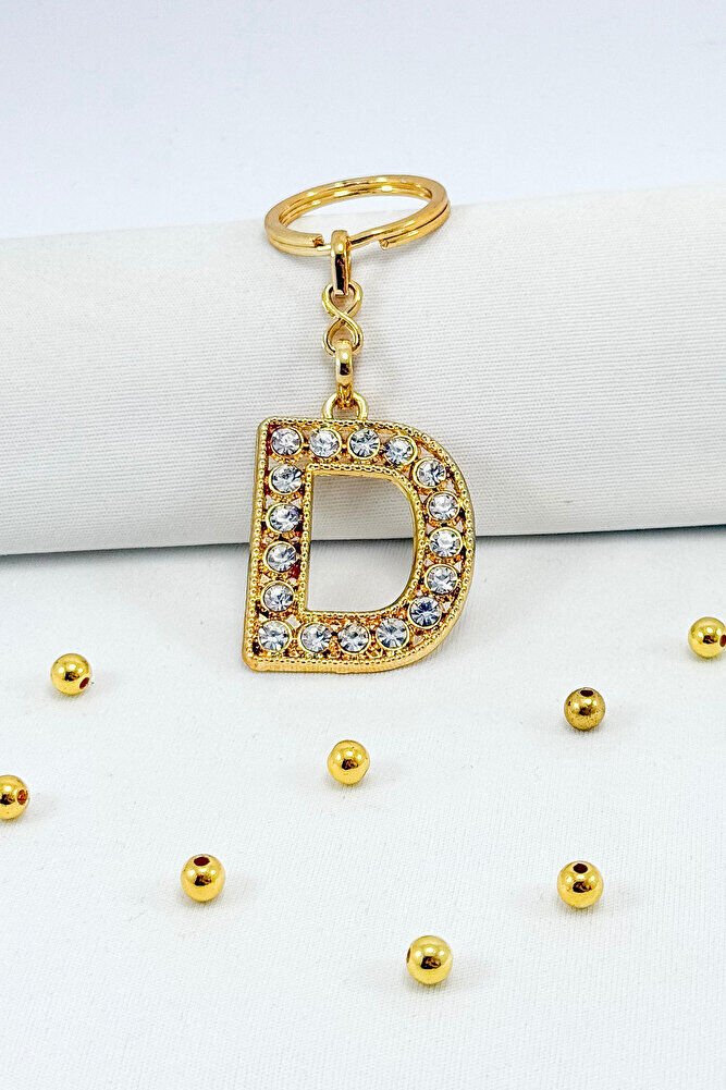 Gold Color Shiny Stone Letter D Keychain, Gift Letter Keychain