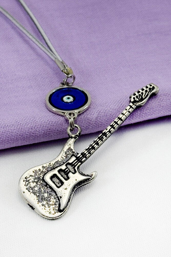Gümüş Renkli Eskitme Metal Mineli Nazar Boncuklu Gitar Figürlü Araba Dikiz Ayna Süsü