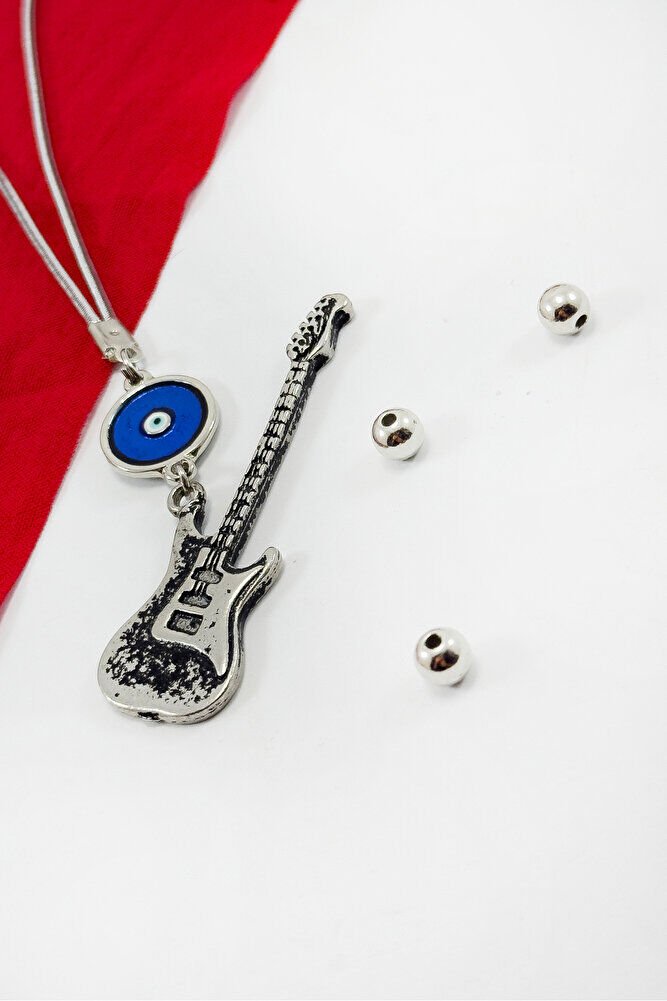 Gümüş Renkli Eskitme Metal Mineli Nazar Boncuklu Gitar Figürlü Araba Dikiz Ayna Süsü