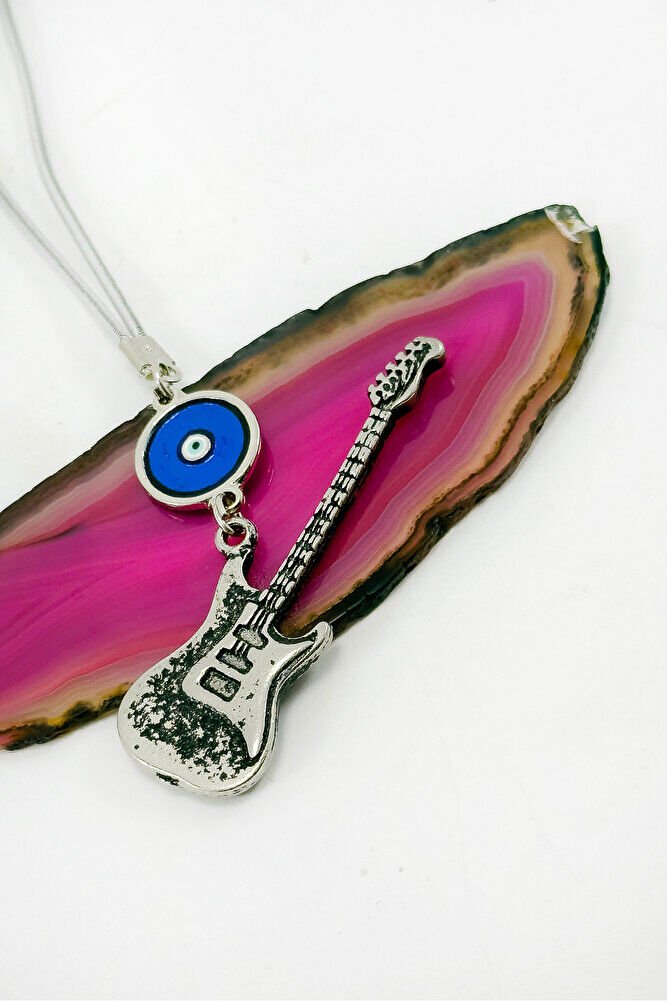 Gümüş Renkli Eskitme Metal Mineli Nazar Boncuklu Gitar Figürlü Araba Dikiz Ayna Süsü