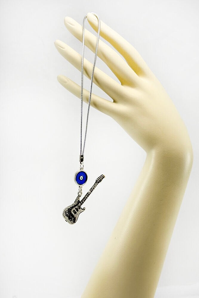 Gümüş Renkli Eskitme Metal Mineli Nazar Boncuklu Gitar Figürlü Araba Dikiz Ayna Süsü