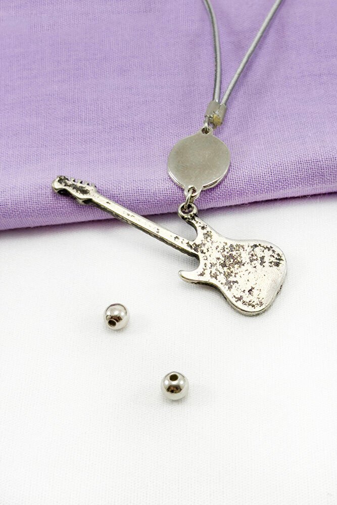 Gümüş Renkli Eskitme Metal Mineli Nazar Boncuklu Gitar Figürlü Araba Dikiz Ayna Süsü