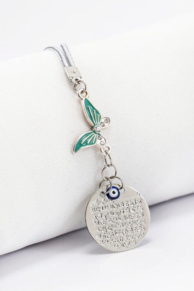 Küçük Gümüş Renkli Metal Ayetel Kürsi Araba Dikiz Ayna Süsü Pastel Turkuaz Taşlı Kelebek