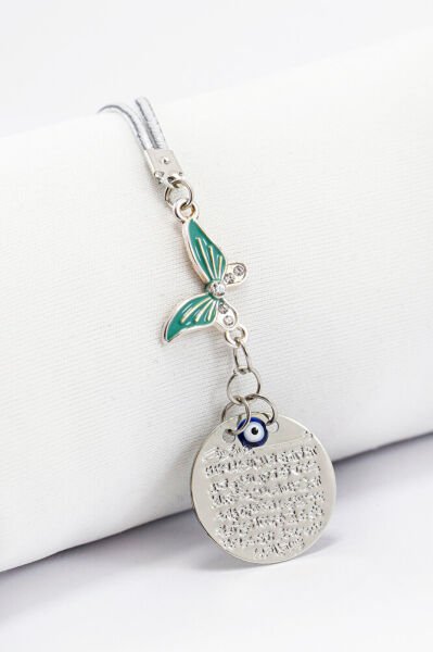 Küçük Gümüş Renkli Metal Ayetel Kürsi Araba Dikiz Ayna Süsü Pastel Turkuaz Taşlı Kelebek