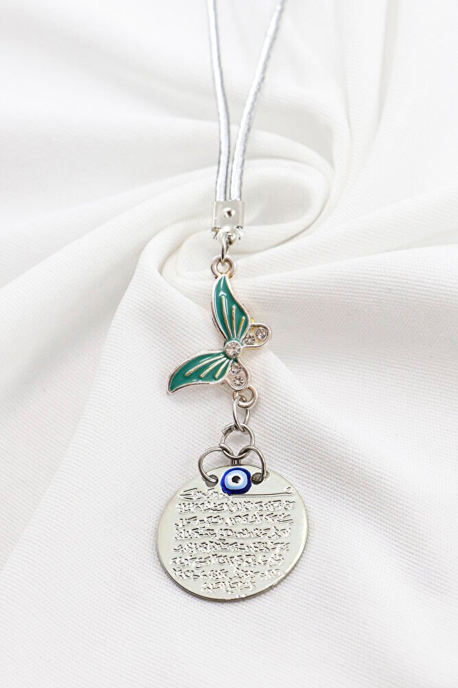 Küçük Gümüş Renkli Metal Ayetel Kürsi Araba Dikiz Ayna Süsü Pastel Turkuaz Taşlı Kelebek