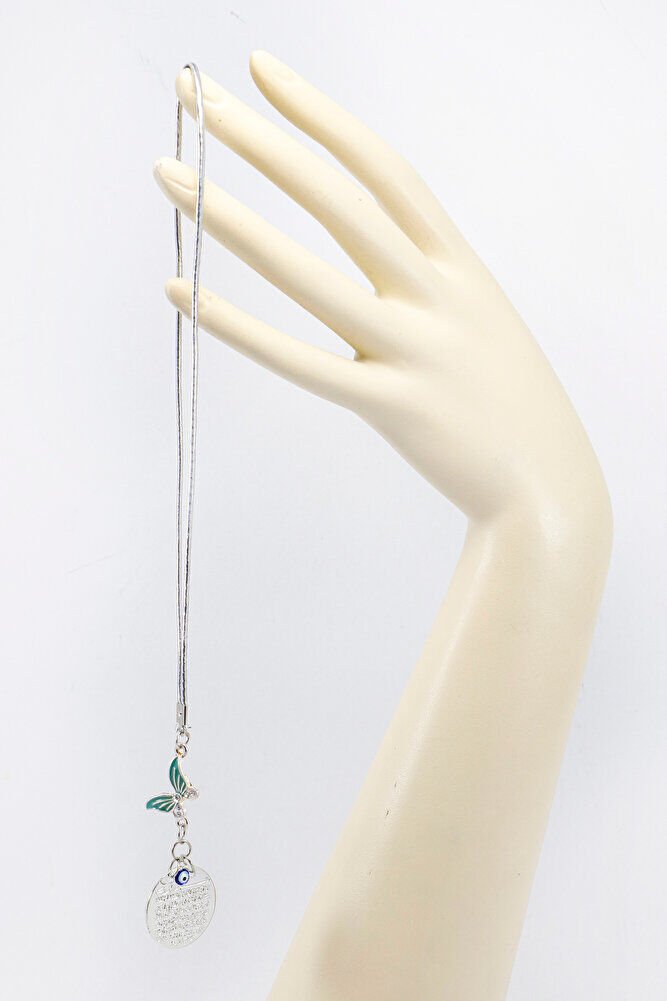 Küçük Gümüş Renkli Metal Ayetel Kürsi Araba Dikiz Ayna Süsü Pastel Turkuaz Taşlı Kelebek