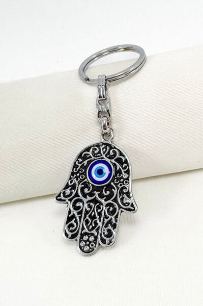 Black Evil Eye Hamse Fatima Hand Metal Keychain, Gift Keychain