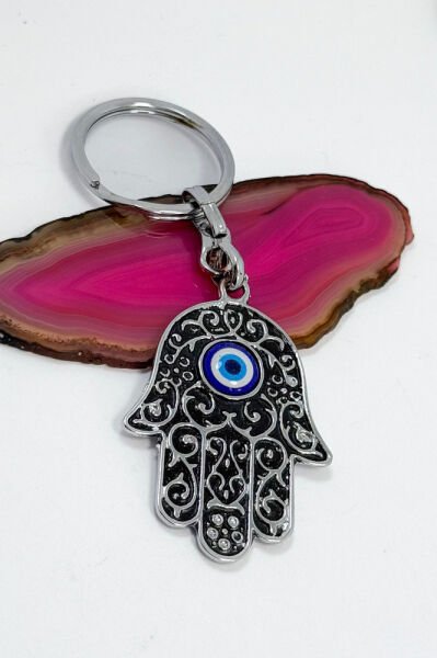Black Evil Eye Hamse Fatima Hand Metal Keychain, Gift Keychain