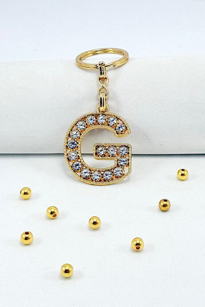 Gold Color Shiny Stone Letter G Keychain, Gift Letter Keychain