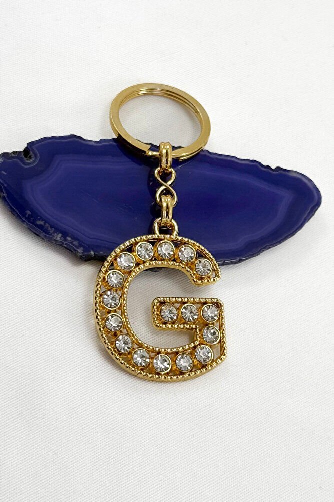 Gold Color Shiny Stone Letter G Keychain, Gift Letter Keychain