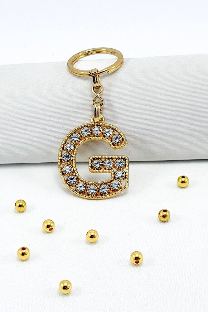 Gold Color Shiny Stone Letter G Keychain, Gift Letter Keychain