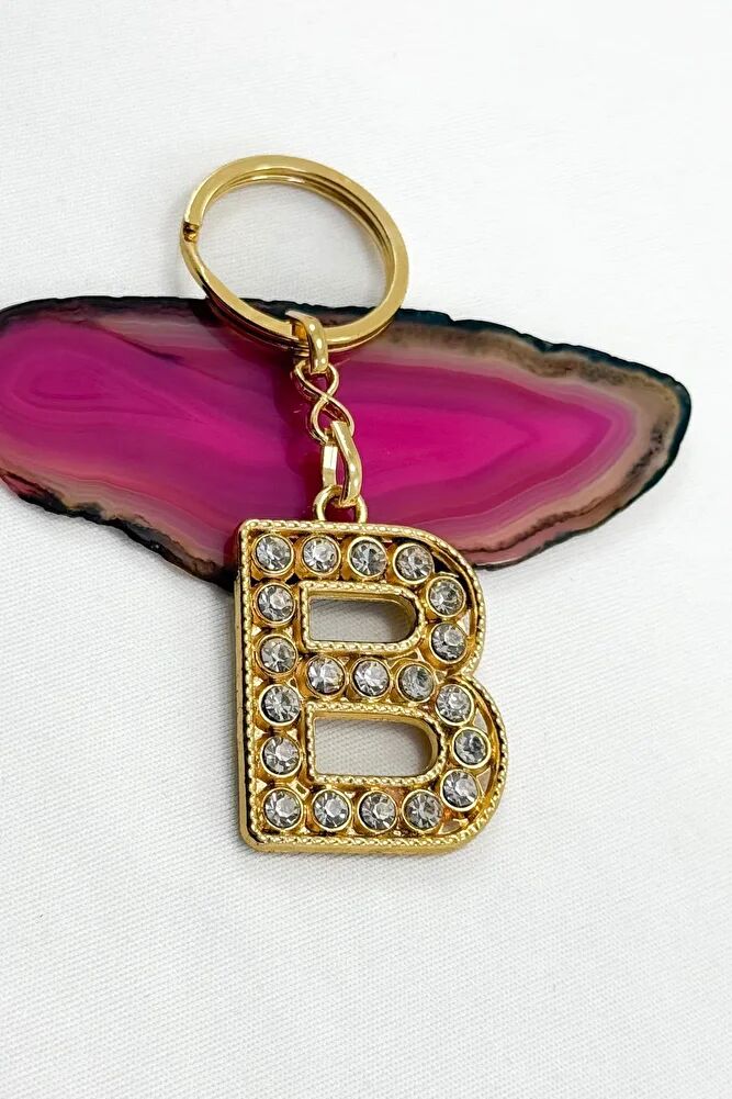 Gold Color Shiny Stone Letter B Keychain, Gift Letter Keychain