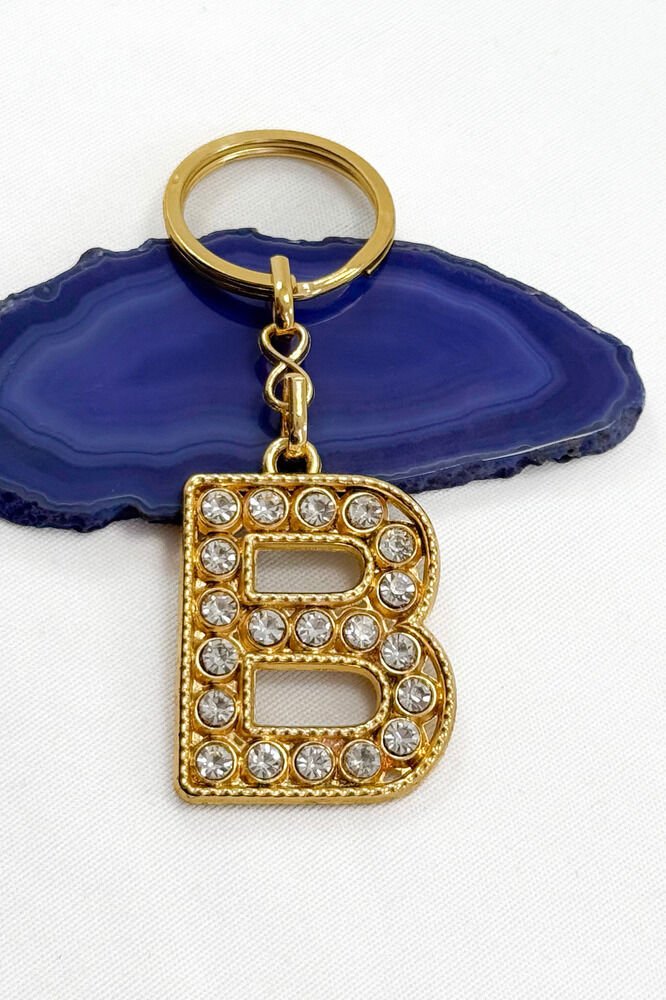 Gold Color Shiny Stone Letter B Keychain, Gift Letter Keychain