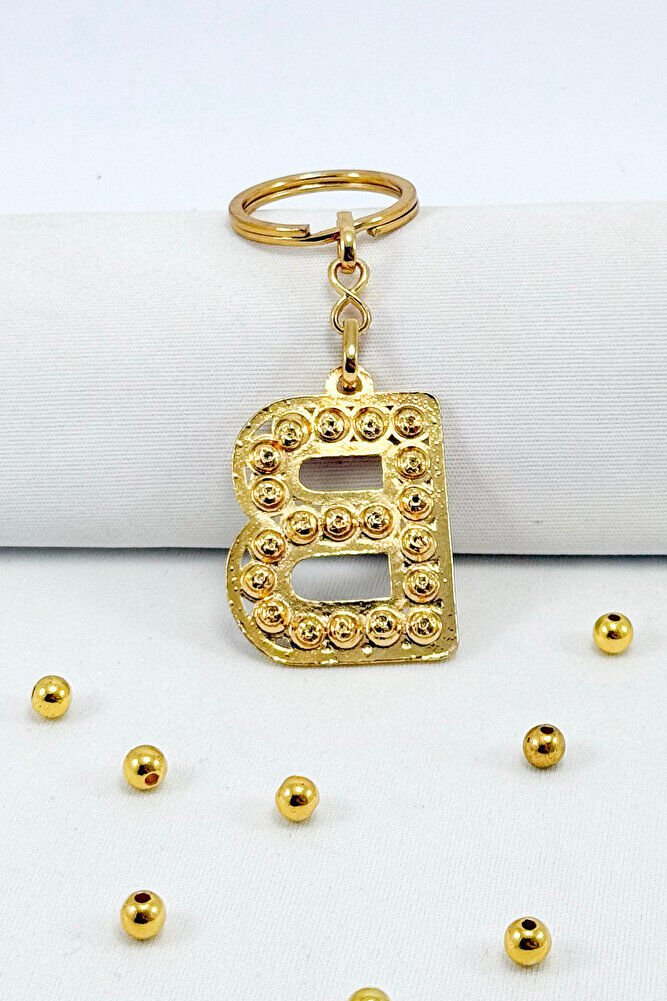 Gold Color Shiny Stone Letter B Keychain, Gift Letter Keychain