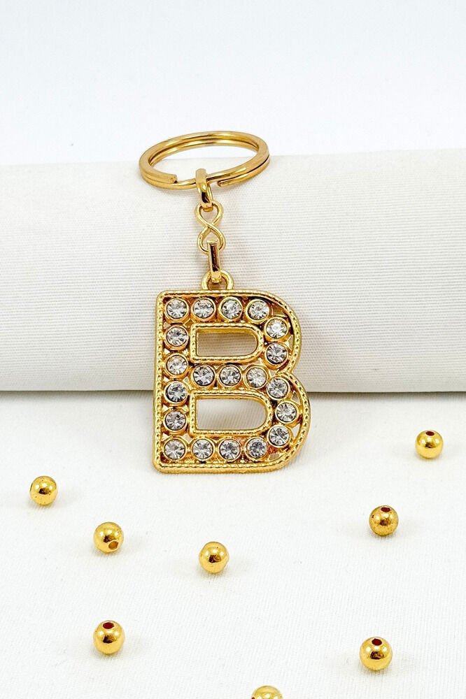 Gold Color Shiny Stone Letter B Keychain, Gift Letter Keychain