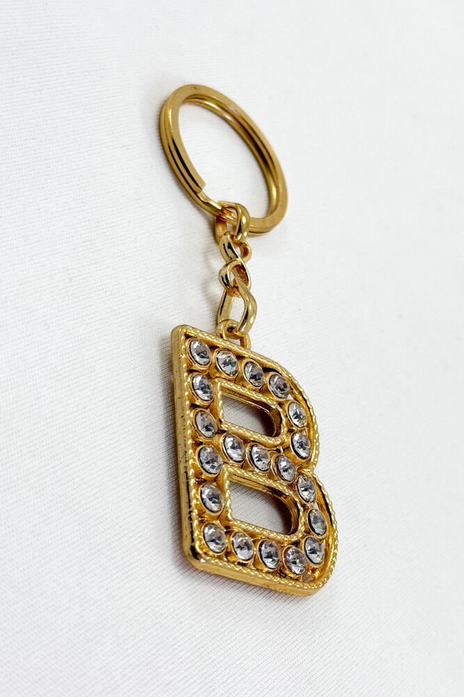 Gold Color Shiny Stone Letter B Keychain, Gift Letter Keychain