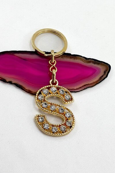 Gold Color Shiny Stone Letter S Keychain, Gift Letter Keychain