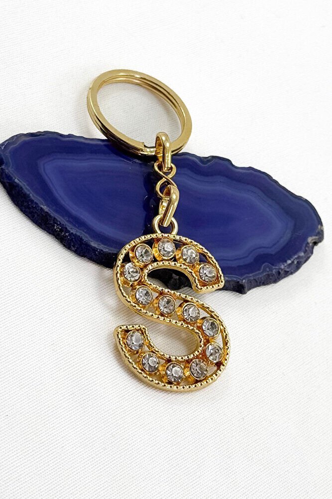 Gold Renkli Parlak Taşlı S Harfi Anahtarlık, Hediyelik Harfli Anahtarlık