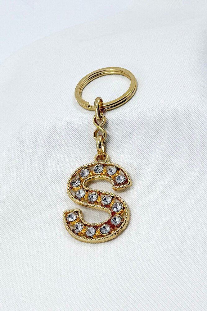 Gold Renkli Parlak Taşlı S Harfi Anahtarlık, Hediyelik Harfli Anahtarlık