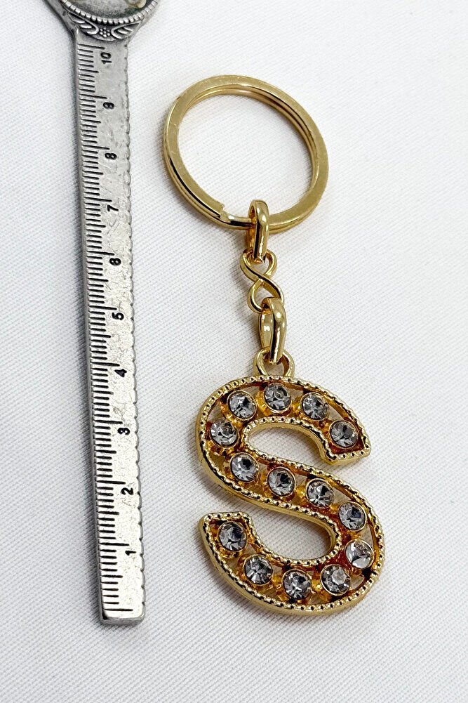 Gold Renkli Parlak Taşlı S Harfi Anahtarlık, Hediyelik Harfli Anahtarlık