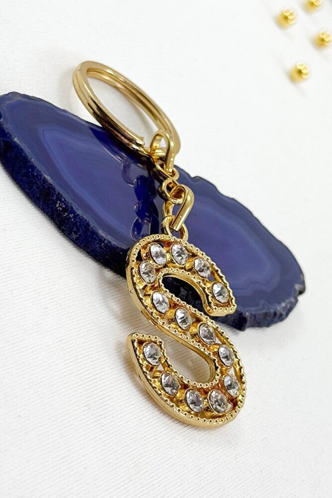 Gold Renkli Parlak Taşlı S Harfi Anahtarlık, Hediyelik Harfli Anahtarlık