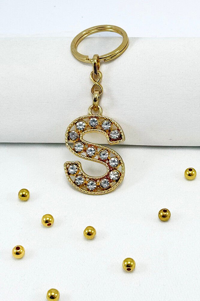 Gold Renkli Parlak Taşlı S Harfi Anahtarlık, Hediyelik Harfli Anahtarlık