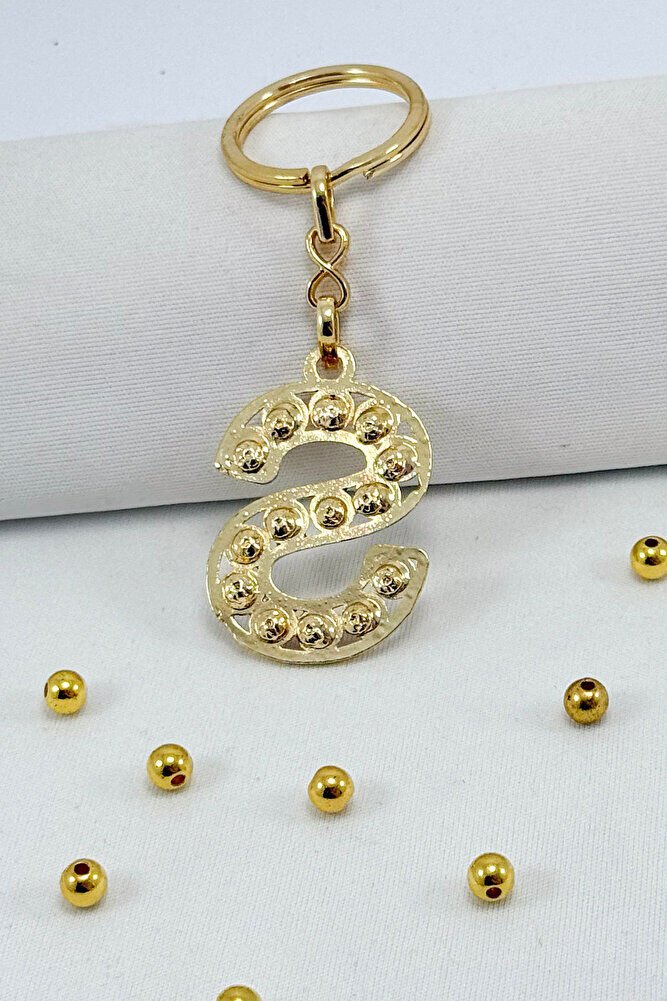 Gold Renkli Parlak Taşlı S Harfi Anahtarlık, Hediyelik Harfli Anahtarlık