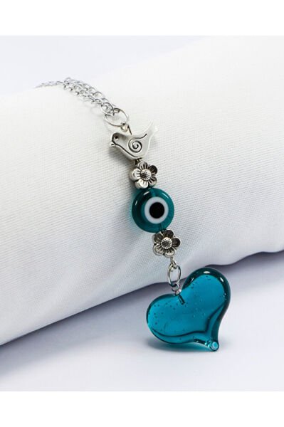 Zümrüt Yeşili Murano Cam Kalp Nazar Boncuklu Gümüş Renkli Araba Dikiz Ayna Süsü, Sevgililer Günü