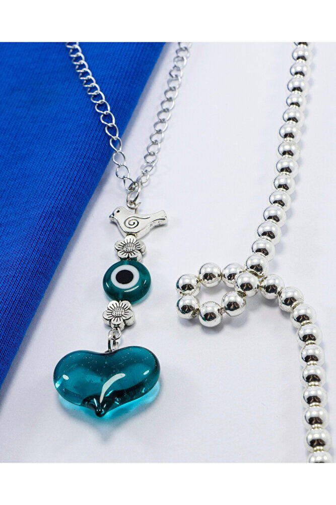 Zümrüt Yeşili Murano Cam Kalp Nazar Boncuklu Gümüş Renkli Araba Dikiz Ayna Süsü, Sevgililer Günü