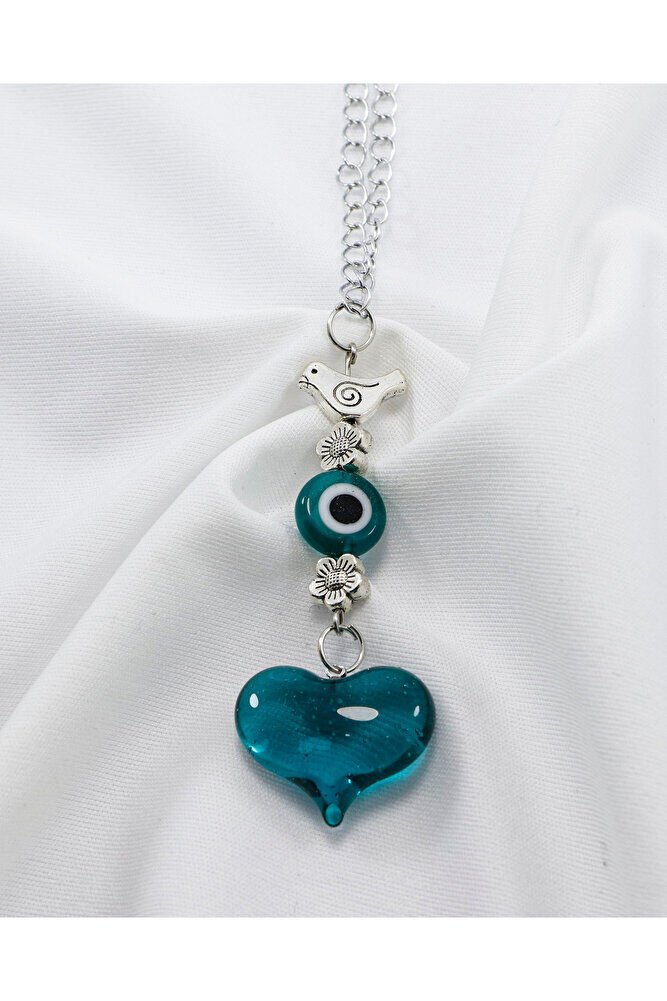 Zümrüt Yeşili Murano Cam Kalp Nazar Boncuklu Gümüş Renkli Araba Dikiz Ayna Süsü, Sevgililer Günü