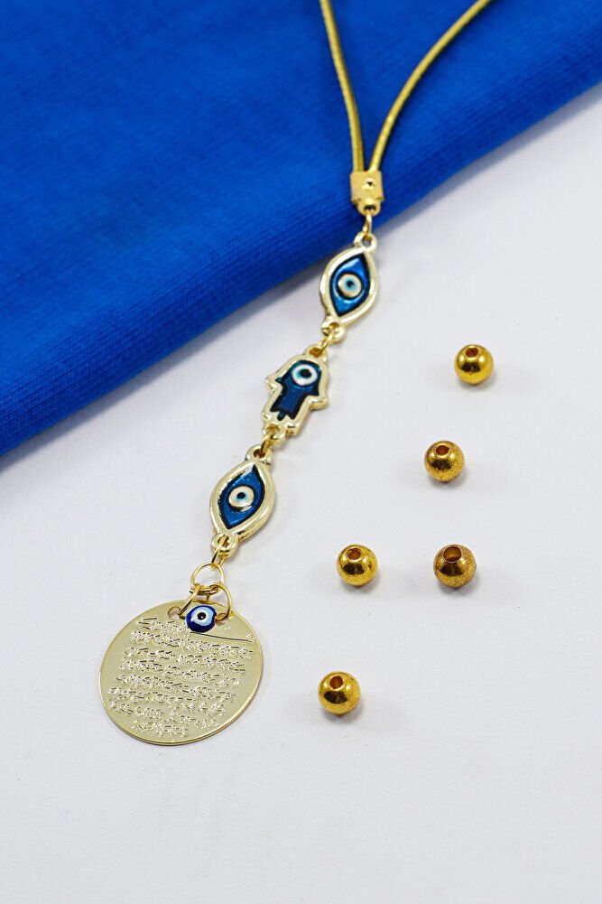 Elips Mineli Nazar Hamse Eli Metal Ayetel Kürsi Araba Dikiz Ayna Süsü, Gold Renkli