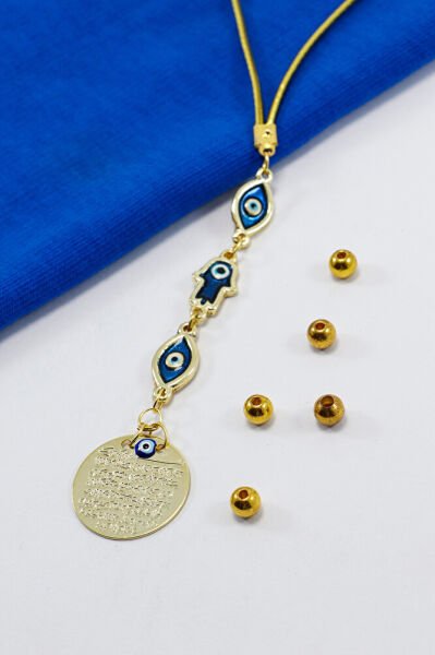 Elips Mineli Nazar Hamse Eli Metal Ayetel Kürsi Araba Dikiz Ayna Süsü, Gold Renkli