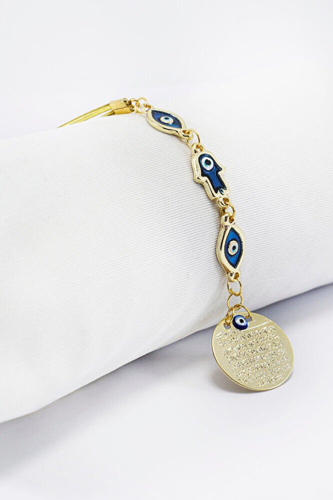 Elips Mineli Nazar Hamse Eli Metal Ayetel Kürsi Araba Dikiz Ayna Süsü, Gold Renkli