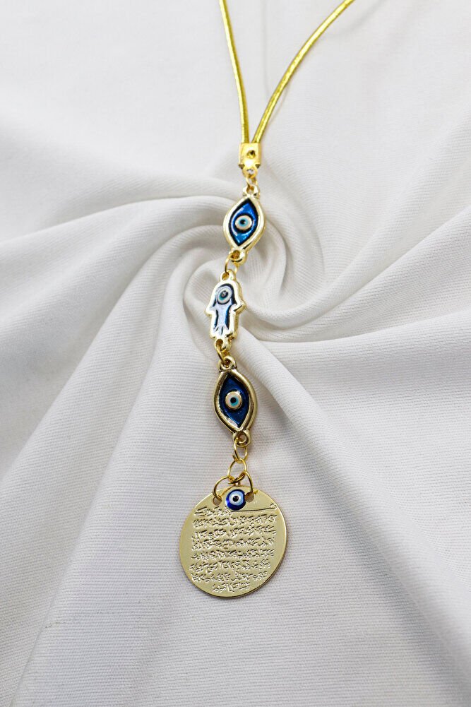 Elips Mineli Nazar Hamse Eli Metal Ayetel Kürsi Araba Dikiz Ayna Süsü, Gold Renkli