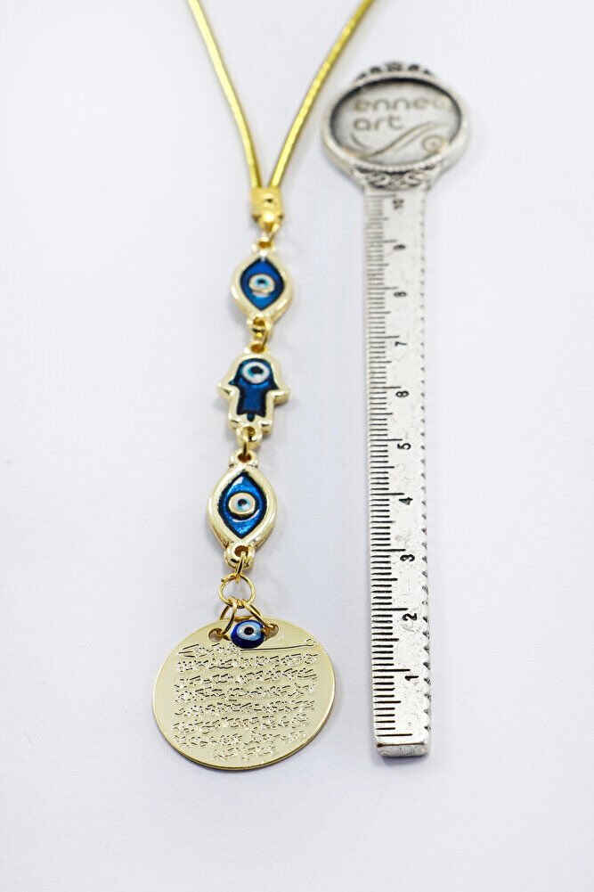 Elips Mineli Nazar Hamse Eli Metal Ayetel Kürsi Araba Dikiz Ayna Süsü, Gold Renkli