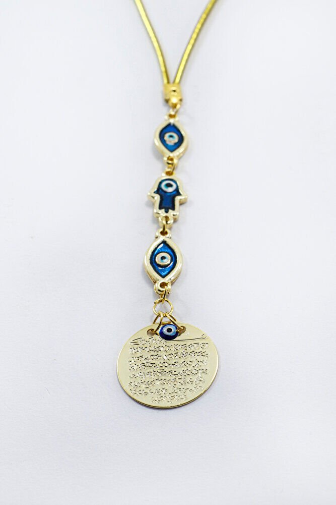 Elips Mineli Nazar Hamse Eli Metal Ayetel Kürsi Araba Dikiz Ayna Süsü, Gold Renkli