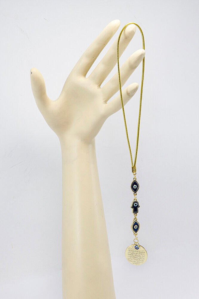 Elips Mineli Nazar Hamse Eli Metal Ayetel Kürsi Araba Dikiz Ayna Süsü, Gold Renkli