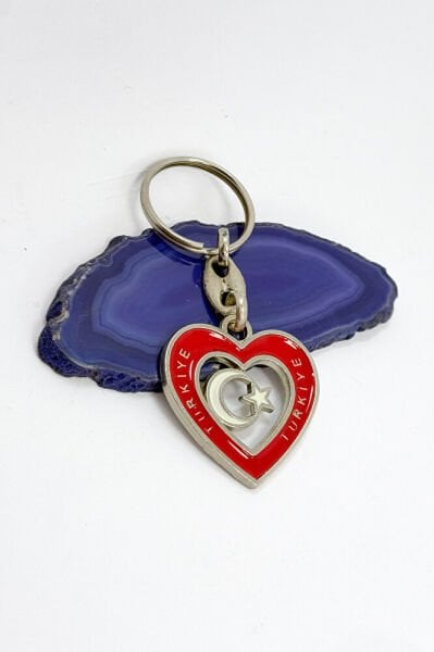 Heart-shaped Red Metal Keychain with Türkiye Writing, Gift Crescent Star Keychain