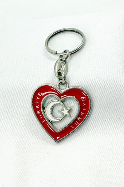Heart-shaped Red Metal Keychain with Türkiye Writing, Gift Crescent Star Keychain