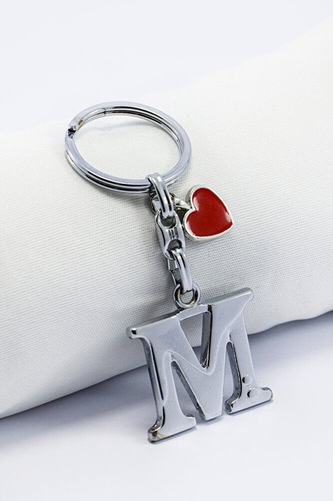 Kırmızı Metal Kalpli Gümüş Renkli Metal M Harfi Anahtarlık /Minik Çanta Süsü