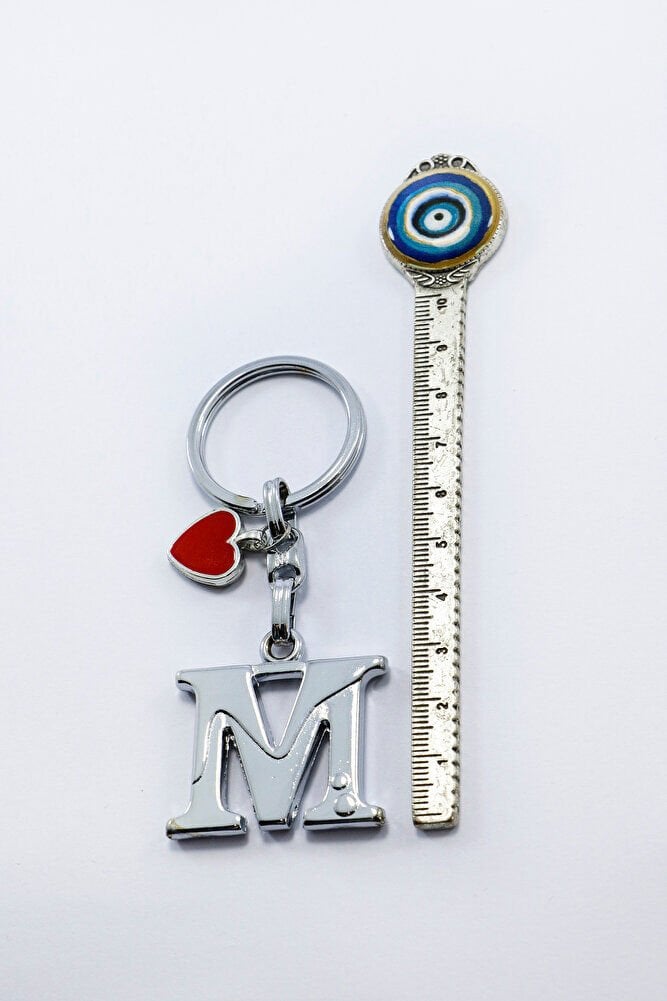 Kırmızı Metal Kalpli Gümüş Renkli Metal M Harfi Anahtarlık /Minik Çanta Süsü